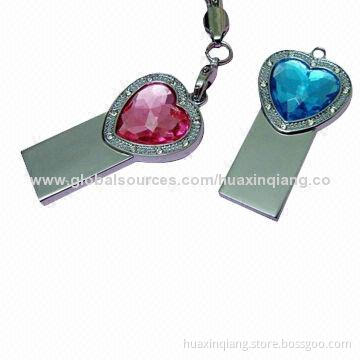 Diamond Heart USB Flash Drive, 512MB-32GB Capacity, Metal/Diamond Material, 5-Year Warranty, USB2.0